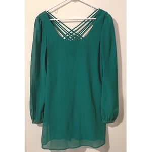 Green Open Back Strappy Long Sleeve Dress